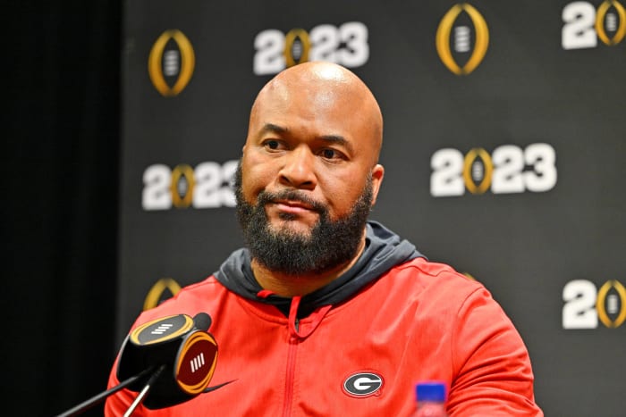Jan 7, 2023; Los Angeles, California, USA; Georgia Bulldogs run game coordinator and running back coach Dell McGee talks to media on media day before the 2023 CFP National Championship game at Los Angeles Convention Center.